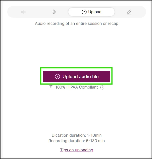 Screenshot: Step 2: Click on the 'Upload audio file' button and select your audio file