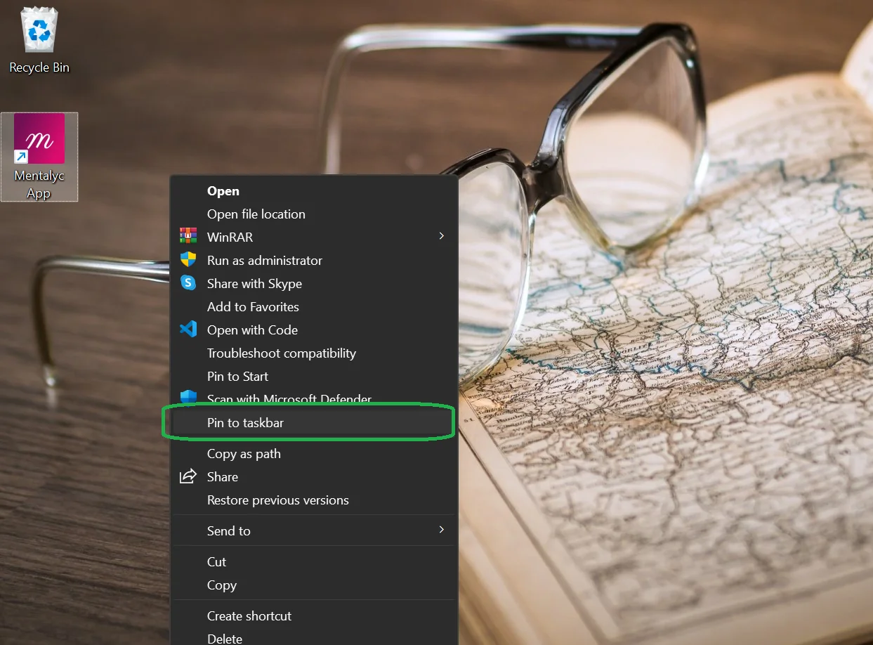 Screenshot: pinning the Mentalyc shortcut to the taskbar or dock