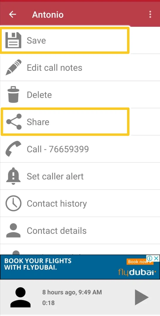 Screenshot: Step 6: Press on 'Save' to save the recording locally in your files or 'Share' to export it