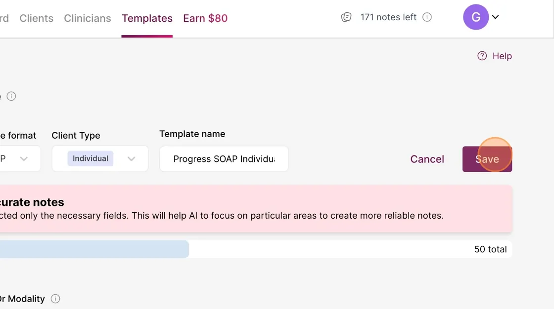 Screenshot: Save button in the template builder