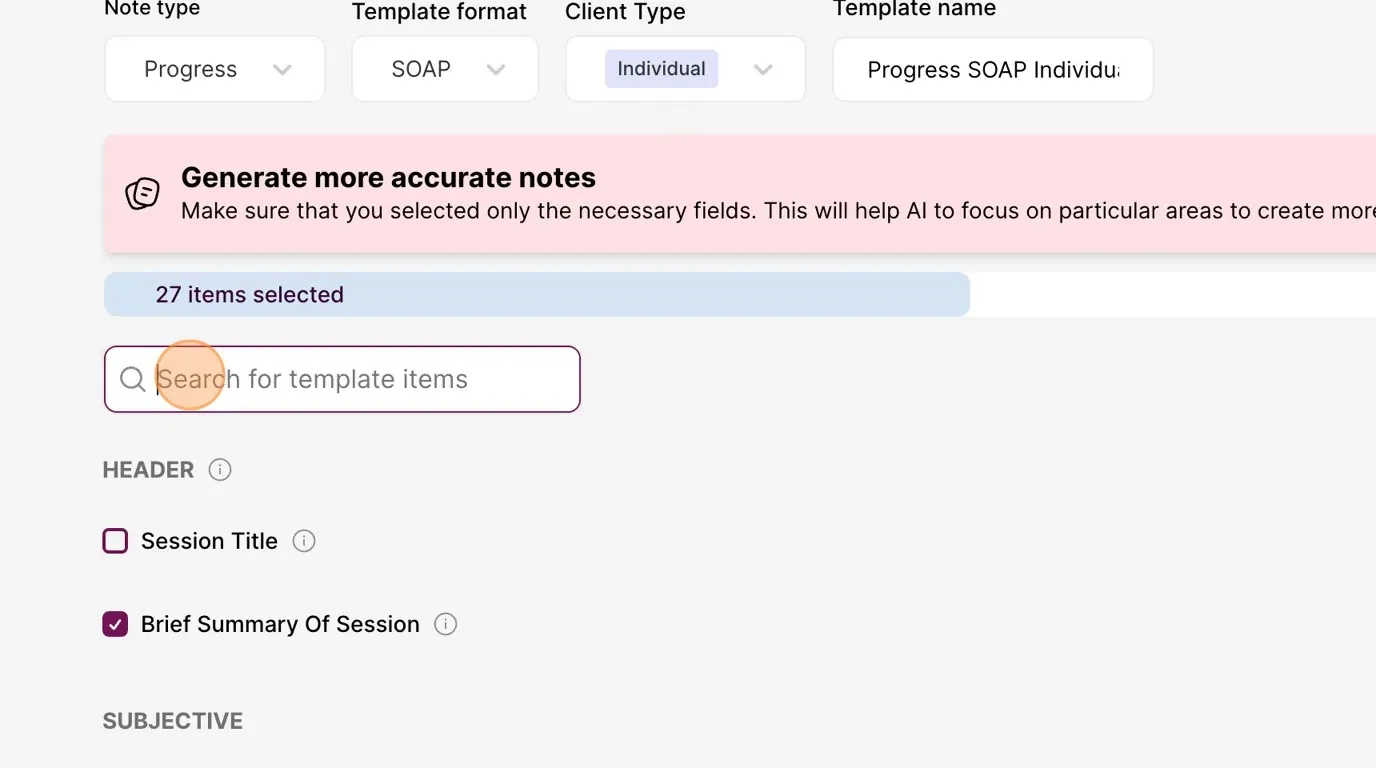 Screenshot: You can also use the search functionality to find the items for your template