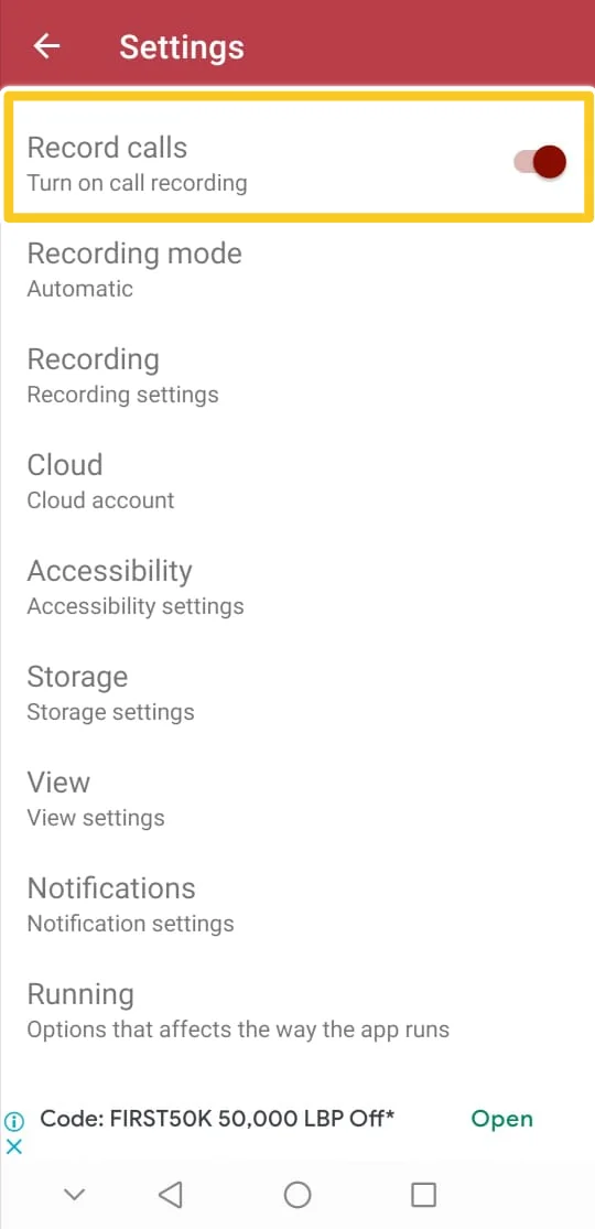 Screenshot: Step 4: Make sure that the 'Record calls' option is toggled on