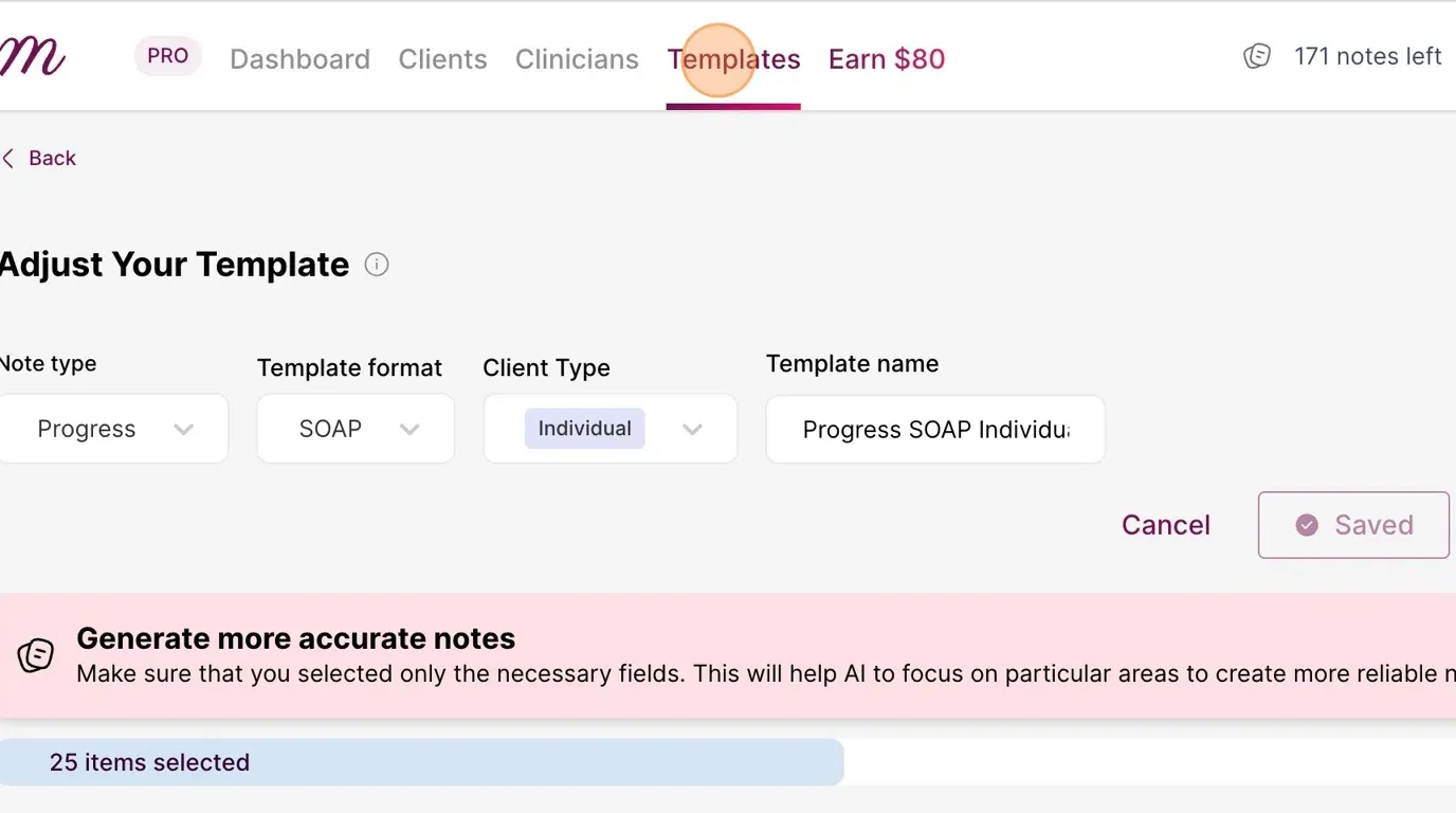 Screenshot: new template in the template list