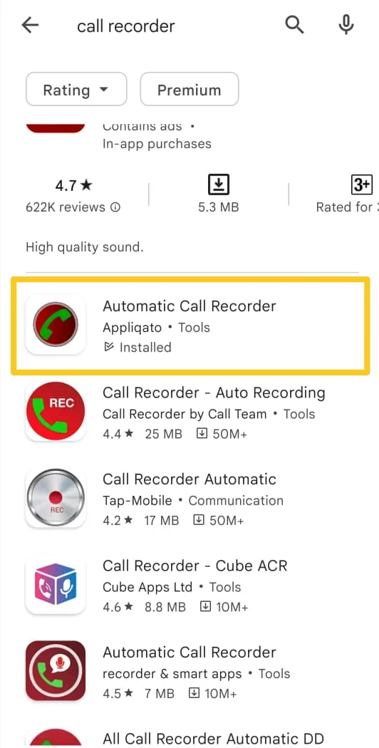 Screenshot: Step 1: Download Automatic Call Recorder from the Google Play Store
