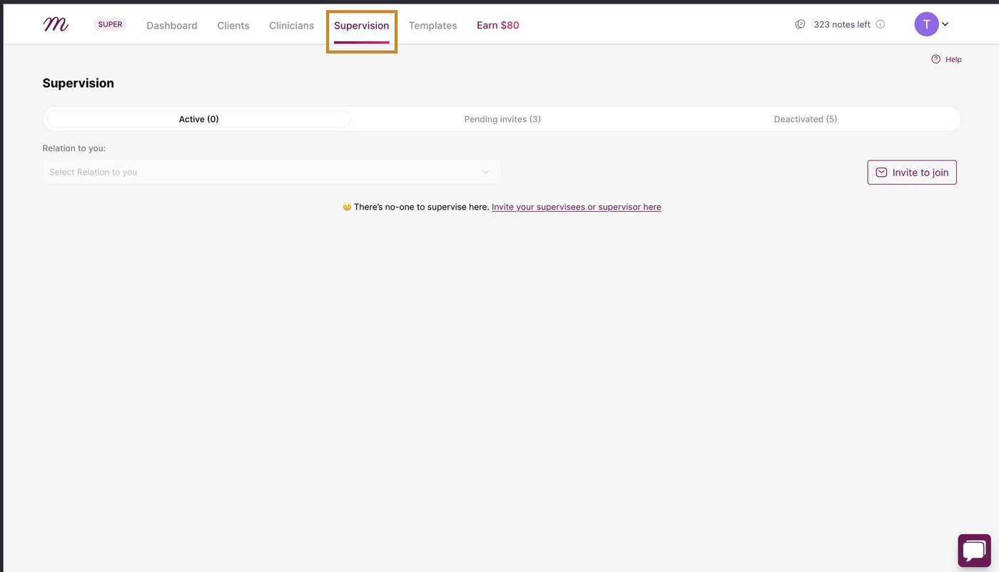 Screenshot: Log into your Mentalyc account and navigate to the 'Supervision' tab