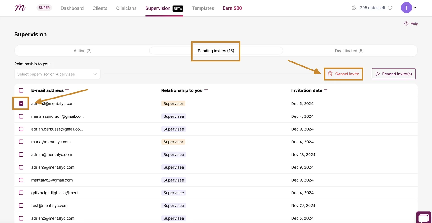 Screenshot: Pending invites tab with the Cancel invite button