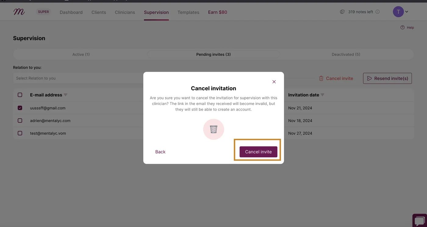 Screenshot: This pop up will appear. Then, click on 'Cancel invite'