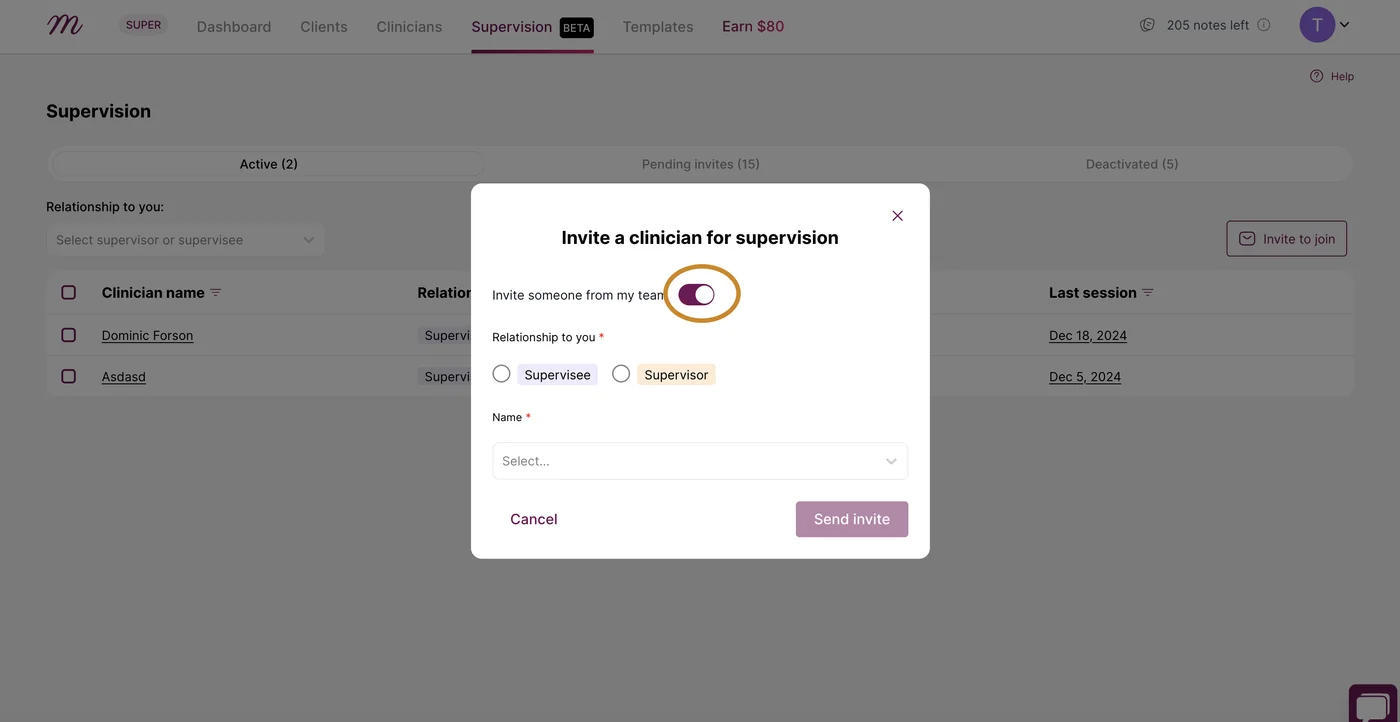 Screenshot: Invite someone from my team toggle