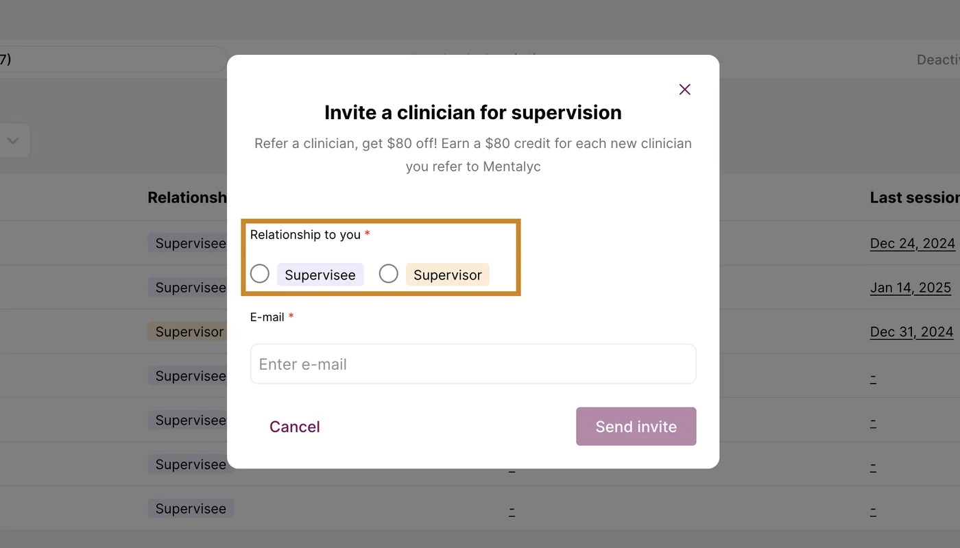 Screenshot: Select the Role: A pop-up will appear asking if the person you’re inviting is a supervisor or a supervisee