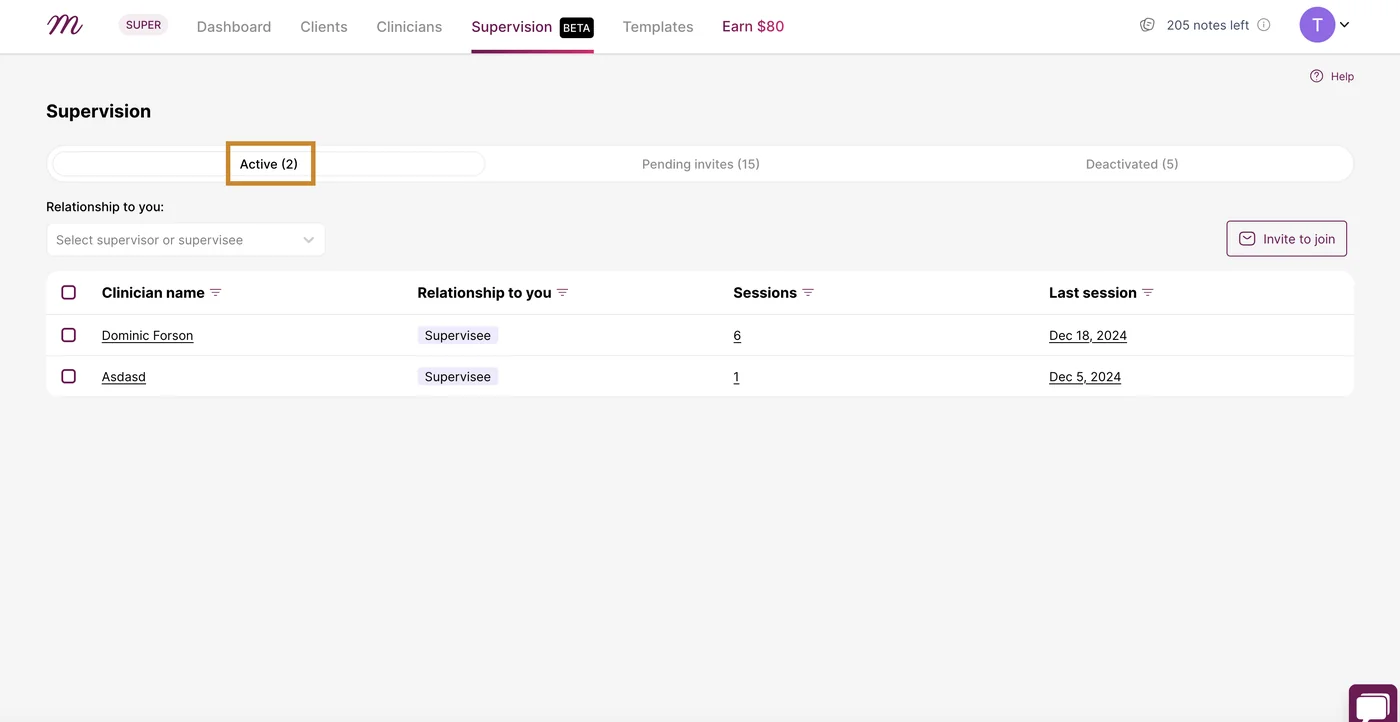 Screenshot: Once the invitee accepts the invitation, they will appear as an active supervisor in your list