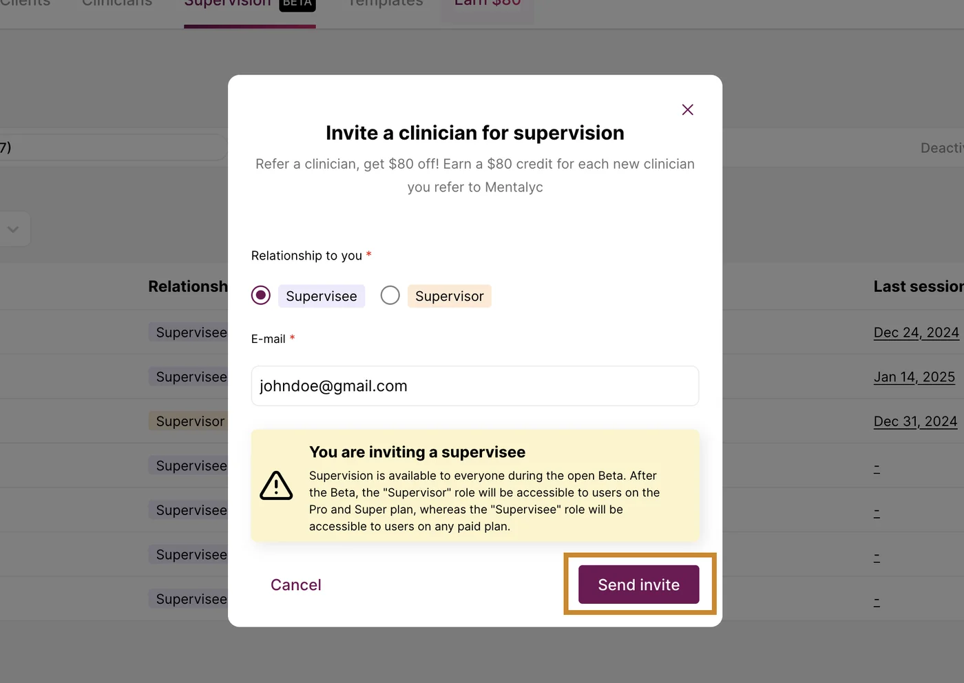 Screenshot: Send the Invitation: After entering the email, click 'Send Invitation.'
