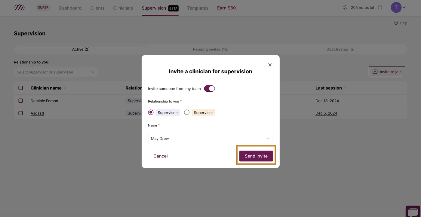 Screenshot: Click on 'Send invite' they will receive an email