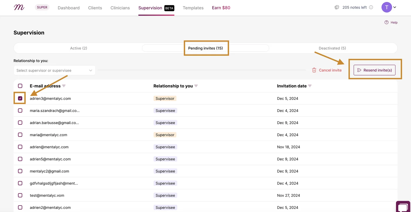 Screenshot: Pending invites tab with the Resend invite button
