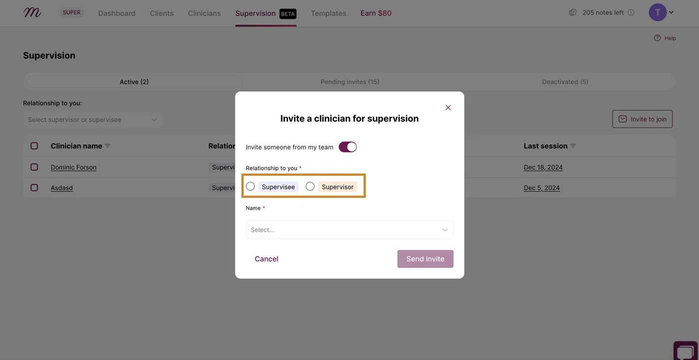 Screenshot: Click 'Supervisee' or 'Supervisor' option under the 'Relationship to you' section