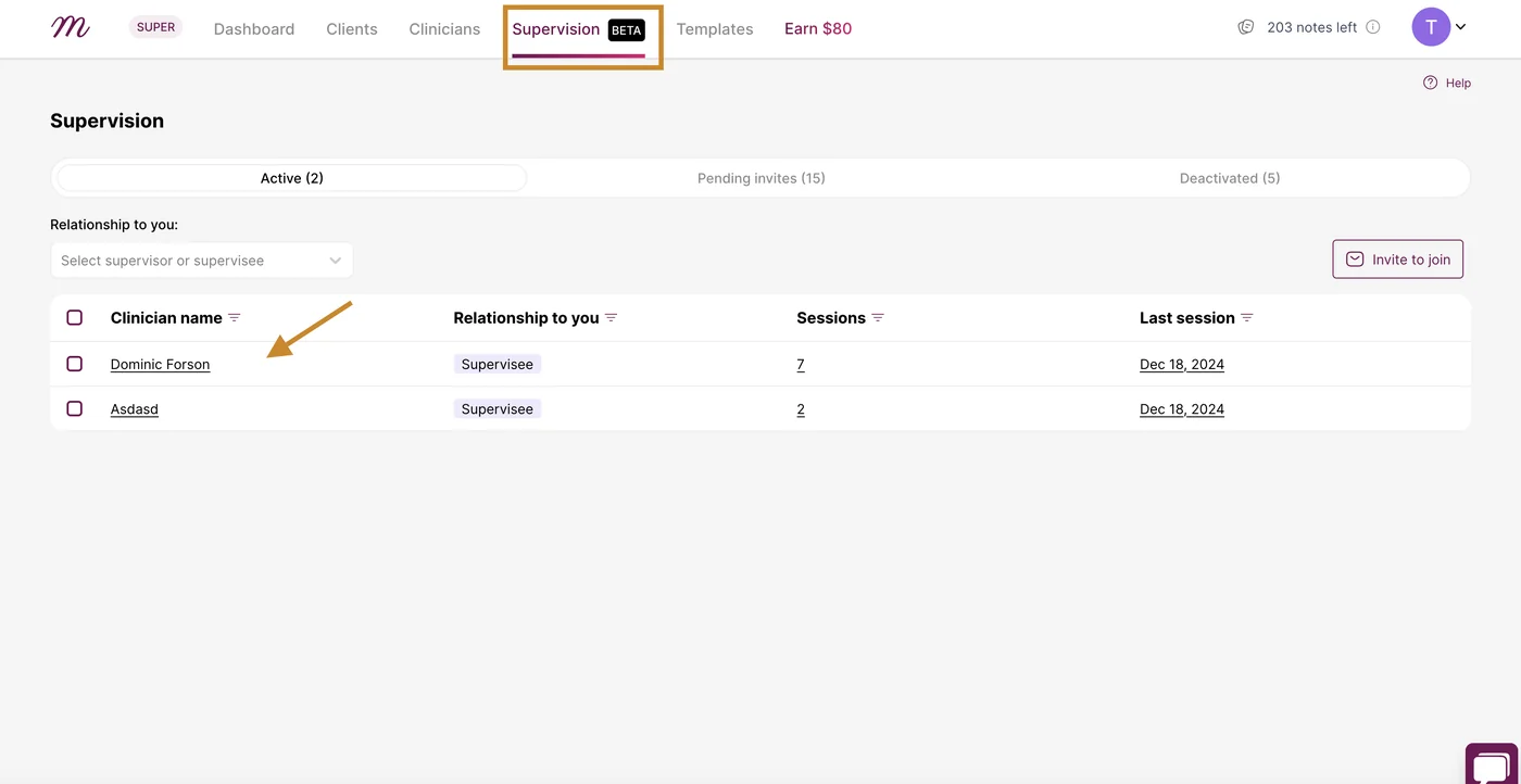 Screenshot: Clinician names column on the Supervision page