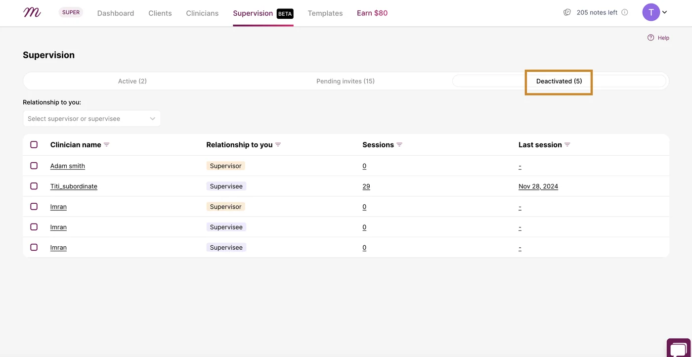Screenshot: The supervisor / supervisee deactivate will be moved to the 'Deactivate' tab