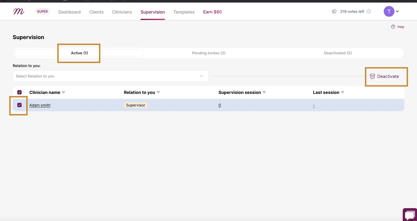 Screenshot: Active invites tab with the Deactivate button