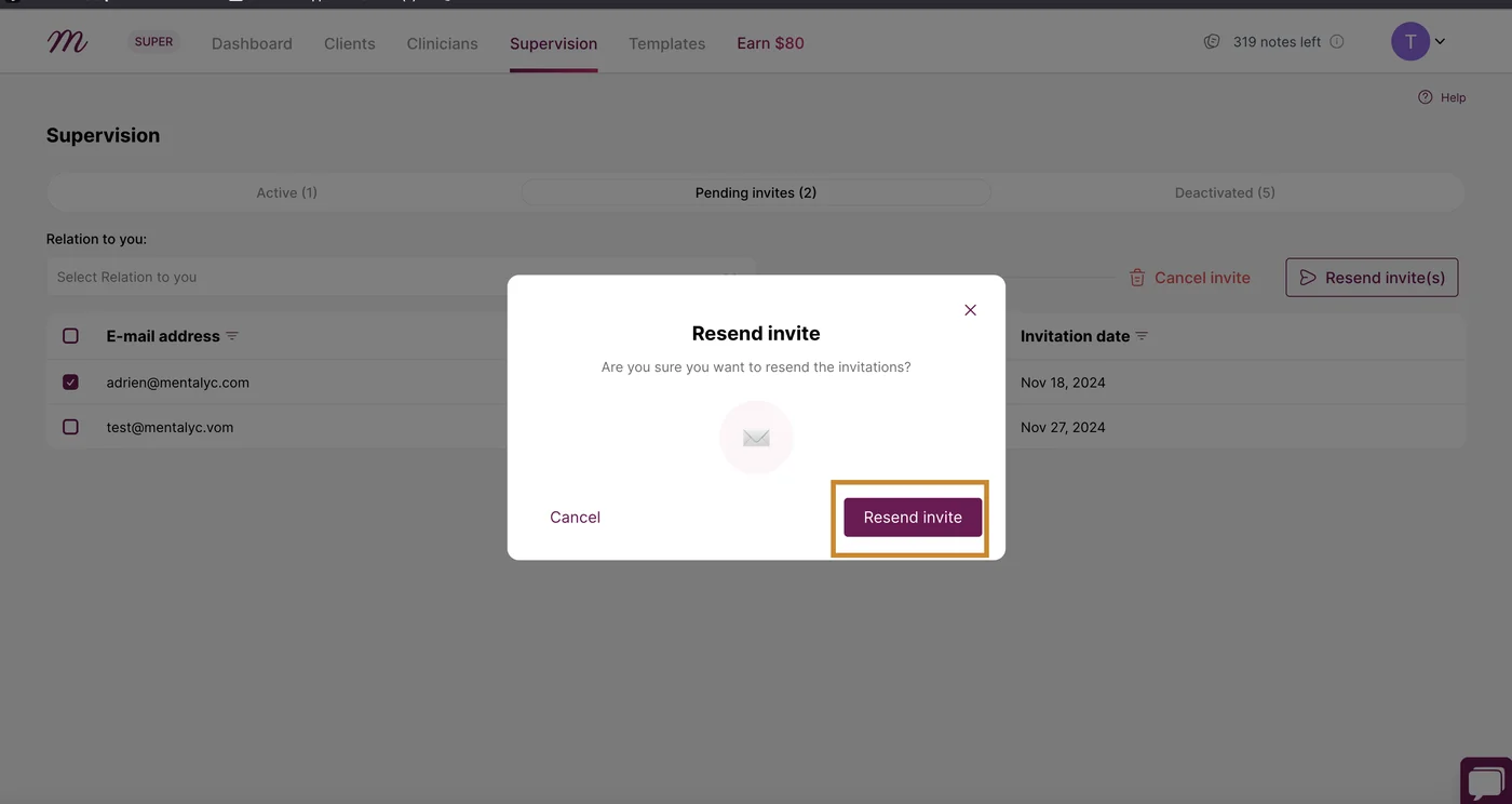 Screenshot: This pop up will appear. Then, click on 'Resend invite'