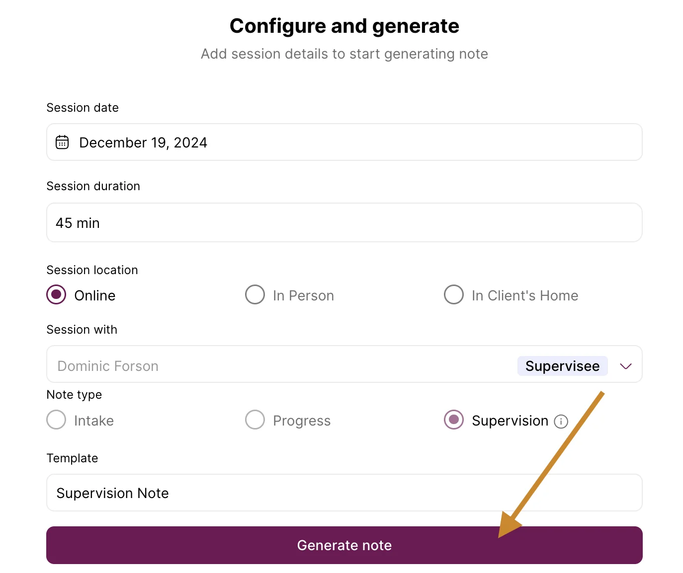 Screenshot: note settings with Session with, Note type and Template locked