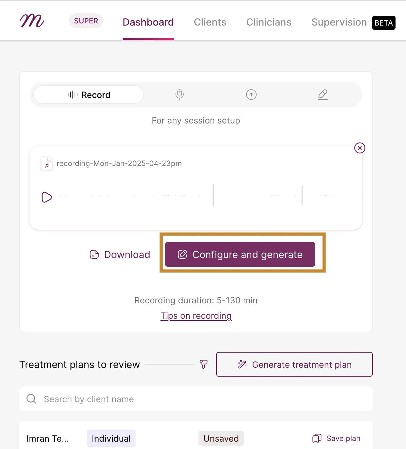 Screenshot: After typing out the session, click on 'Configure and generate' to generate your notes