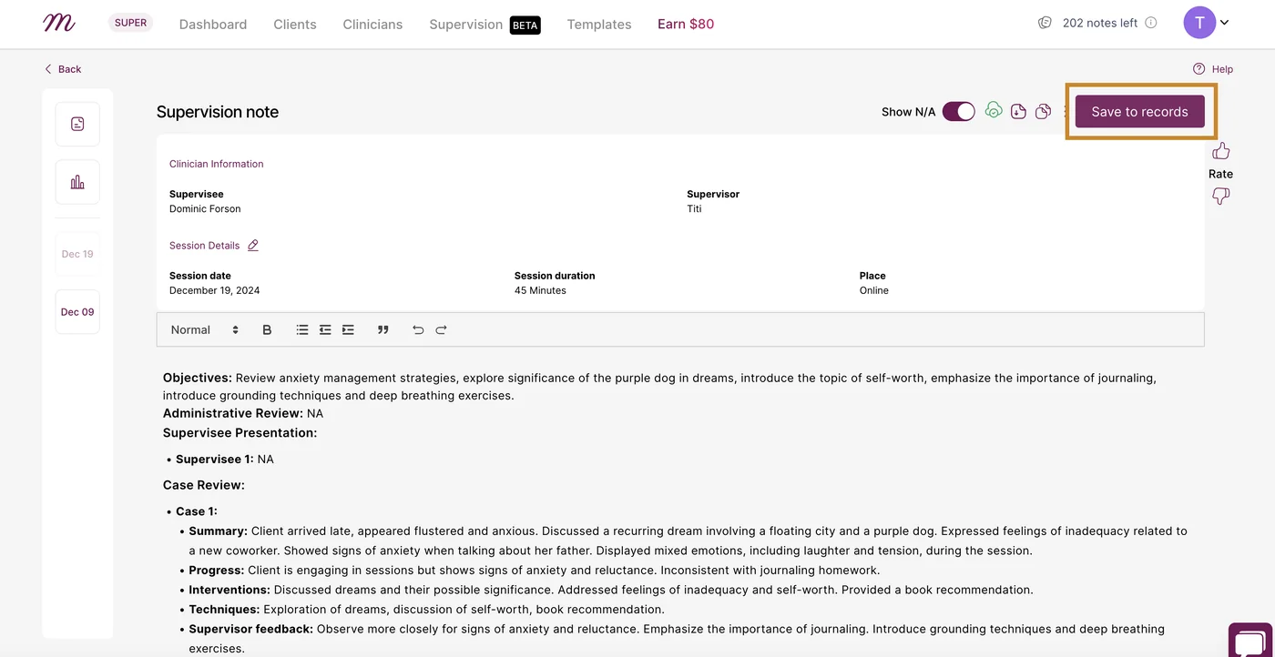 Screenshot: After reviewing the notes, click on 'Save to record' to save the note