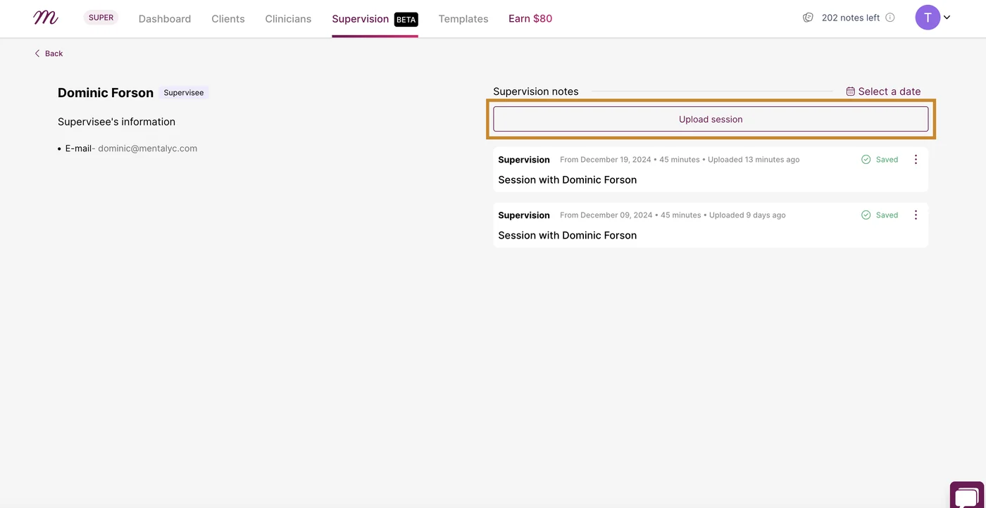 Screenshot: You will be taken to their information page. Then you click on 'Upload session'