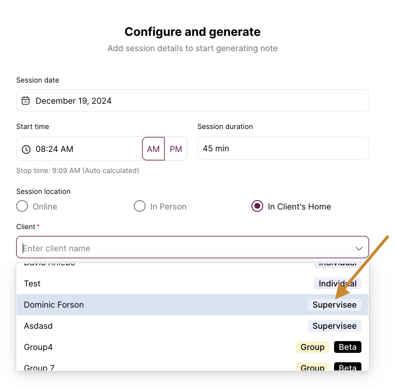 Screenshot: You can edit the session date, session duration and session location. Then click 'Generate note'