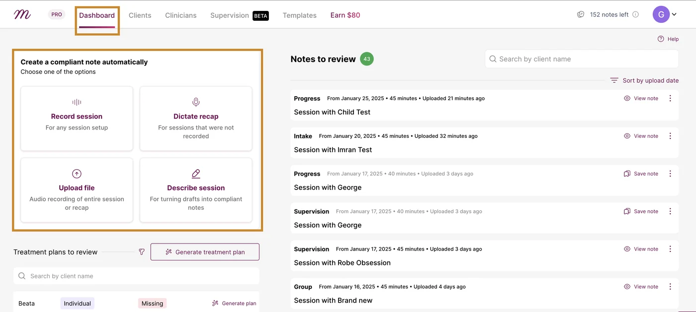 Screenshot: Navigate to the 'Dashboard' page and choose from the options how you want to add a session
