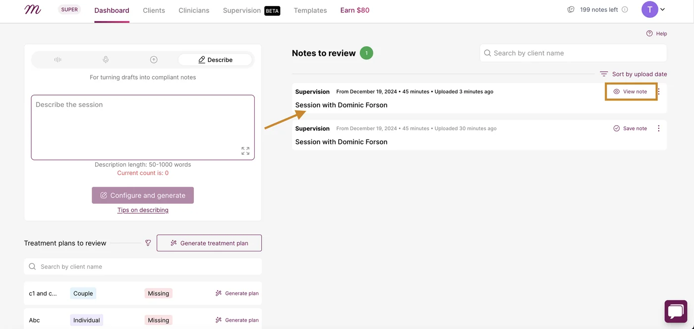 Screenshot: On the next page, your note will be added to the list of all your note for you to review