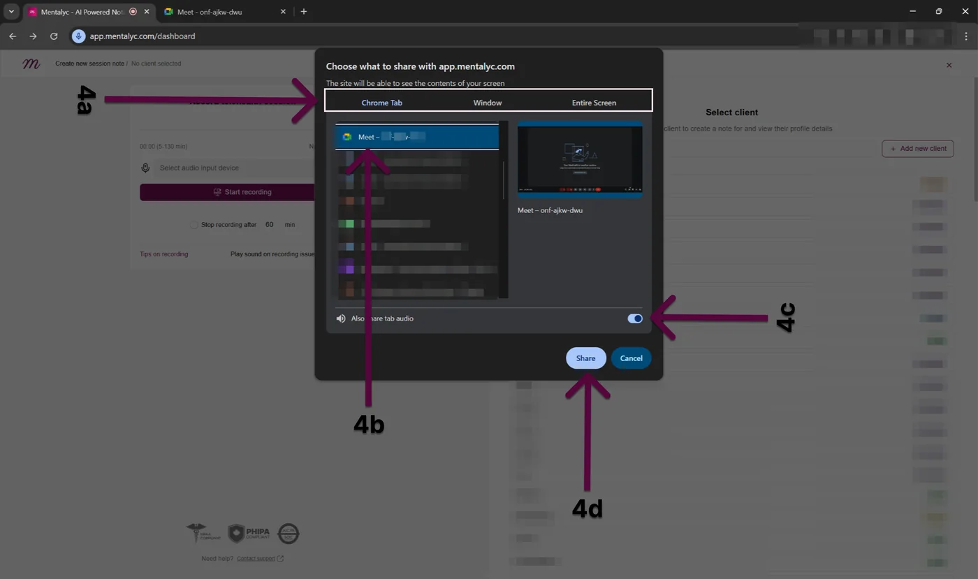 Screenshot: browser share dialog with the Share tab audio toggle and Share button
