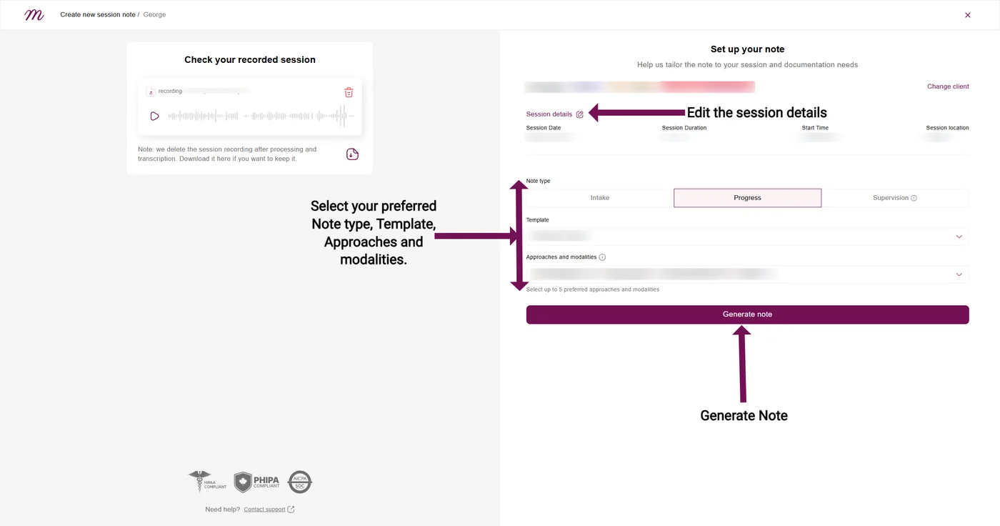 Screenshot: Select your preferred Note Type, Template, and Approaches and modalities