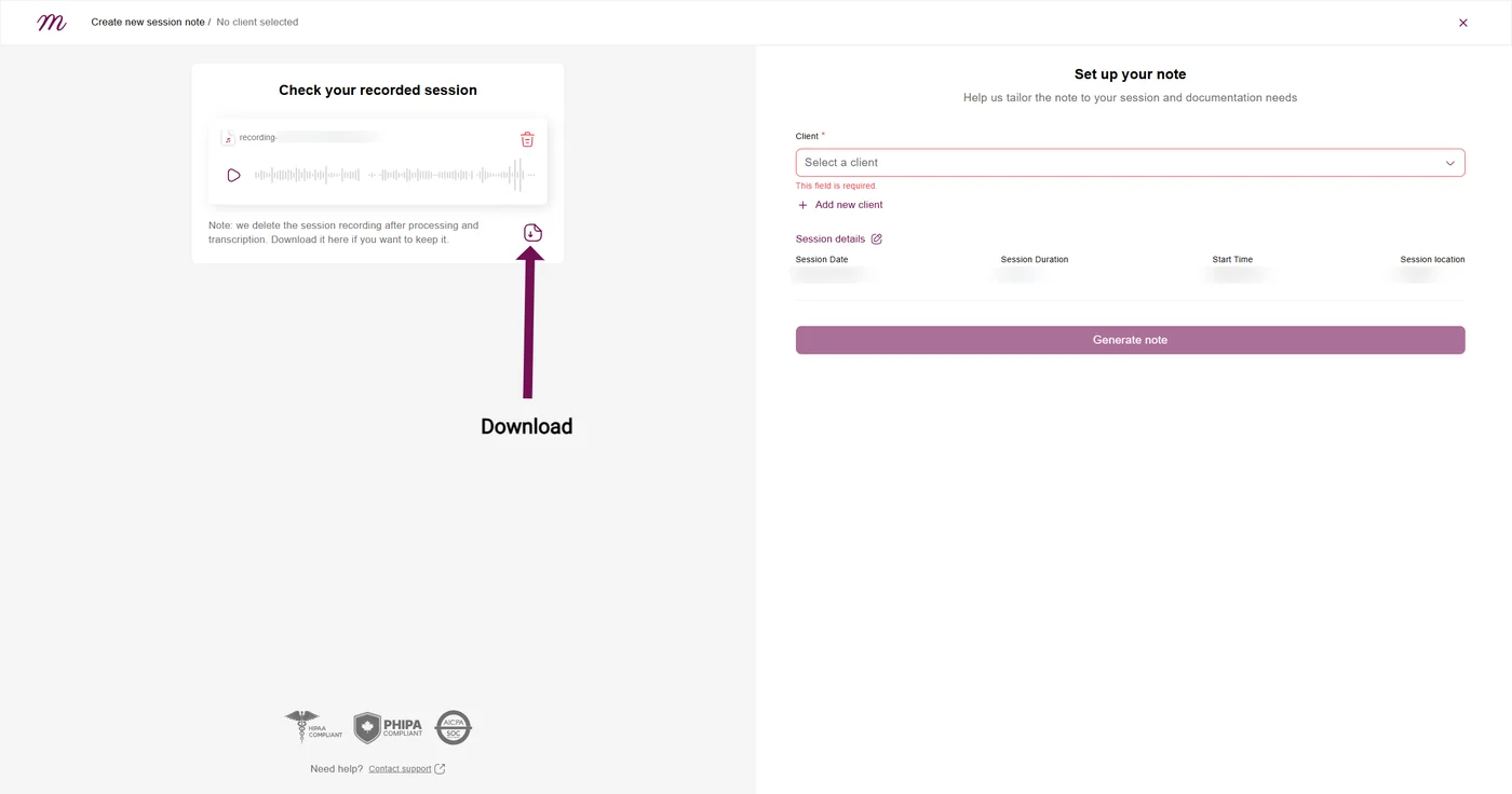 Screenshot: When you end a recording, you have the option to download the audio file