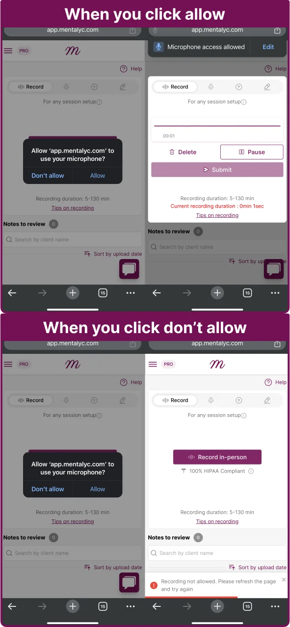 Screenshot: The permission prompt will appear again. This time, tap 'Allow'. You will now be able to record