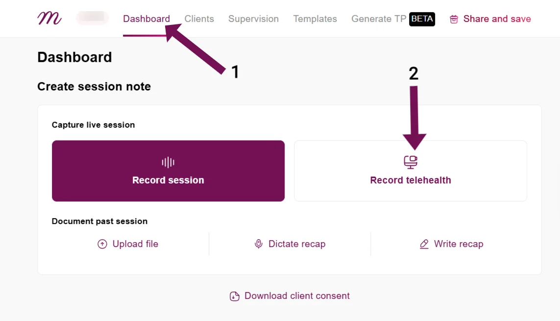 Screenshot: In the upload box, click on the Record Telehealth option