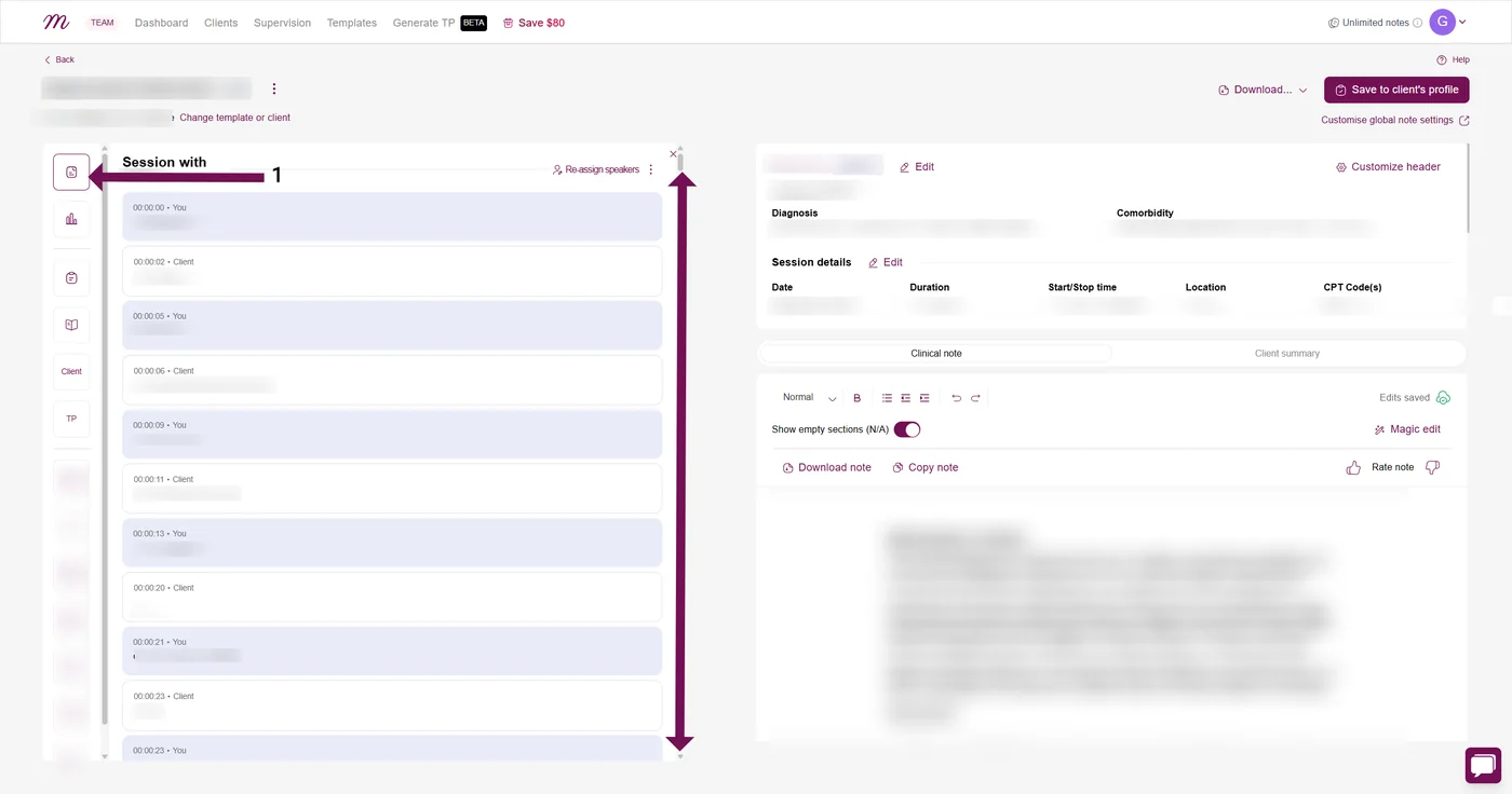 Screenshot: session transcript in the note sidebar