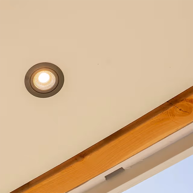 Close-up van een spotlight op douglas overkapping