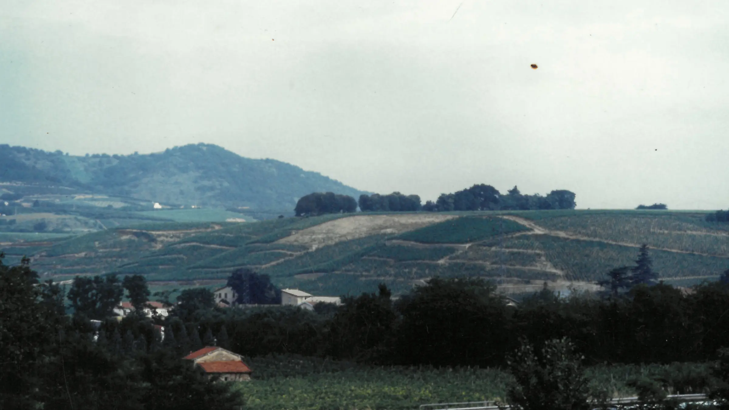 Paysage rural avec collines cultivées, maisons au toit rouge et arbres sous un ciel clair.