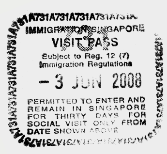 Tampon d'entrée de visa de visite à Singapour daté du 3 juin 2008, permettant un séjour de trente jours.