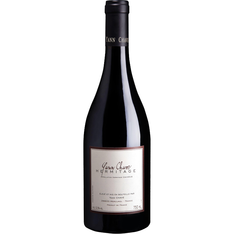 Bouteille de vin rouge Yann Chave Hermitage de 750 ml avec étiquette beige et capsule noire.