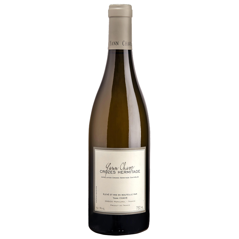 Bouteille de vin blanc Crozes Hermitage de Yann Chave avec une étiquette blanche et une capsule beige.