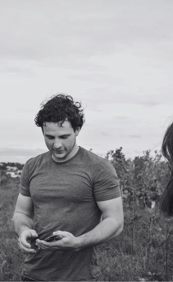 Gauthier Chave debout dans un champ regardant un objet dans ses mains, avec des vignes en arrière-plan.