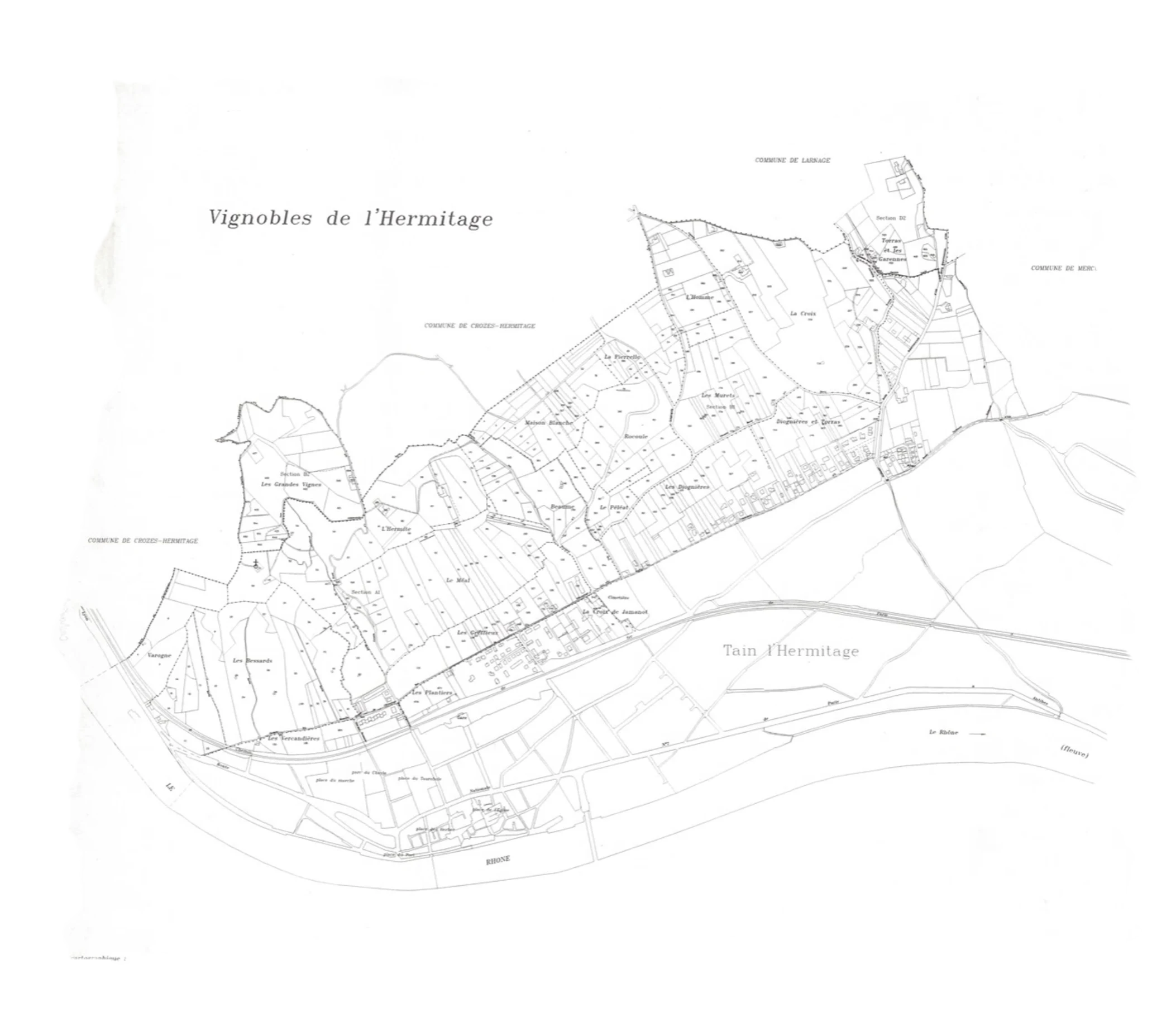 Carte détaillée des vignobles de l'Hermitage avec les communes environnantes et le fleuve Rhône en bas.