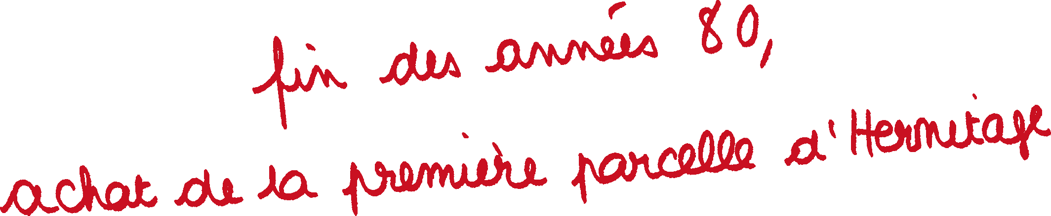 Texte manuscrit rouge disant « fin des années 80, achat de la première parcelle à Hermitage » sur fond transparent.
