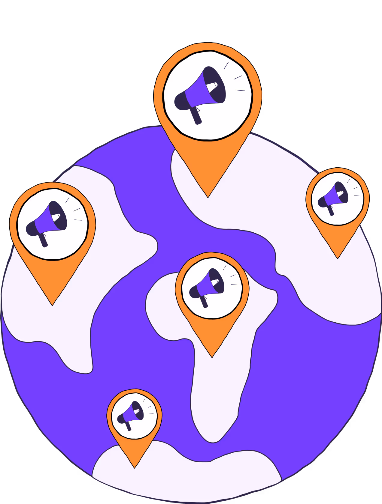 Globe with location pins containing speakers
