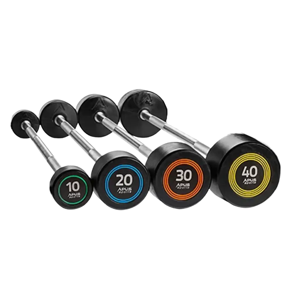 One-piece straight Apus Sports barbell with PU ends, 10–40 kg