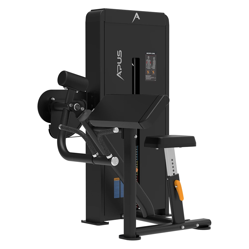 Professional strength machine APUS for biceps curls, black finish, 125kg weight stack.
