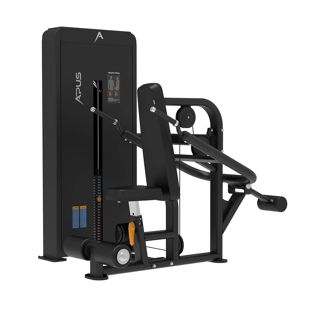 Triceps press strength machine APUS, adjustable seating, professional fitness equipment.