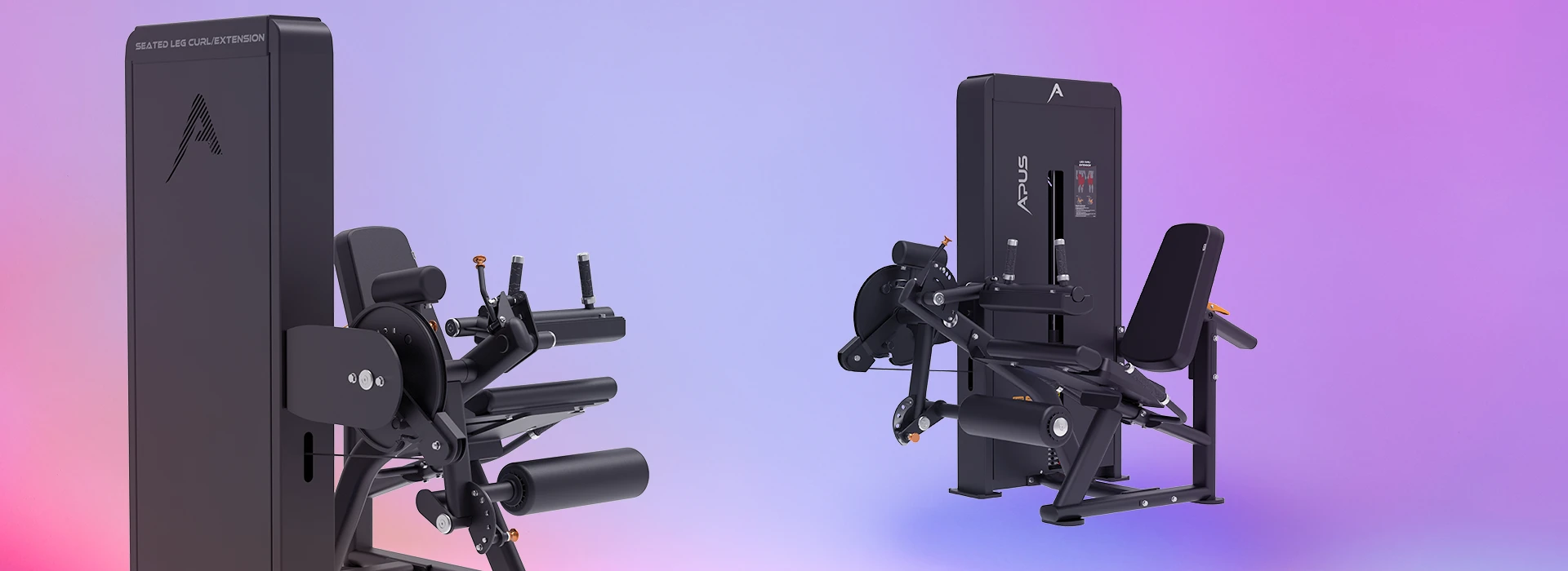 Dual-function leg curl and extension machine APUS, seated position, black finish.