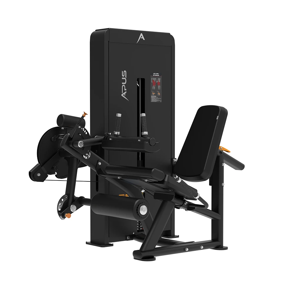 Dual-function leg curl and extension machine APUS Sports, seated position, black finish.