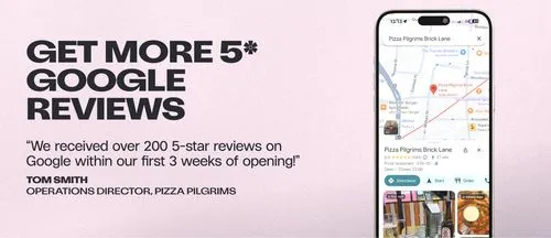 Smartphone displaying Pizza Pilgrims Brick Lane Google listing with 5-star rating and map on a pink background with text about receiving over 200 five-star Google reviews in three weeks.
